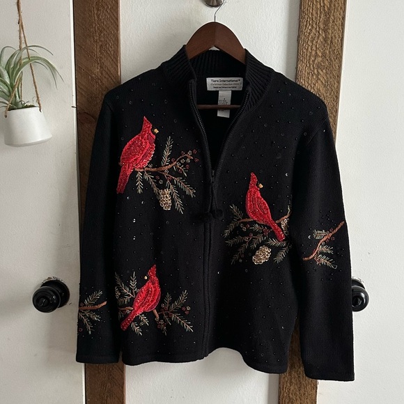 Vintage Tiara International Embroidered Cardinals Full Zip Christmas Sweater - Picture 1 of 14